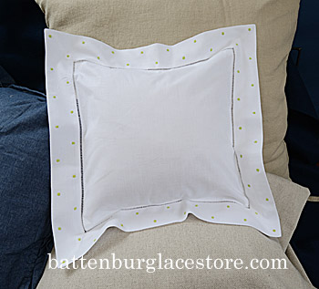 Hemstitch Baby Pillow, Green Polka Dots, 12"x12". Sham only